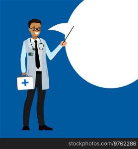 cartoon doctor with speech bubble, stock vector illustration. cartoon doctor with speech bubble.