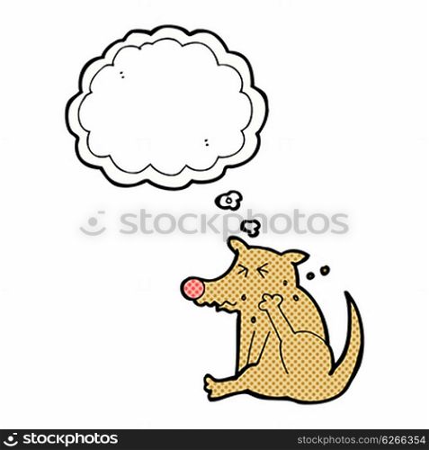 cartoon dog scratching with thought bubble