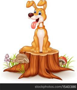 cartoon dog sitting with tongue out on tree stump
