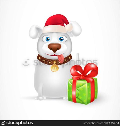 Cartoon dog wearing Santa Claus hat and sitting near gift box. New Year Day design element for greeting cards, posters, leaflets and brochures.