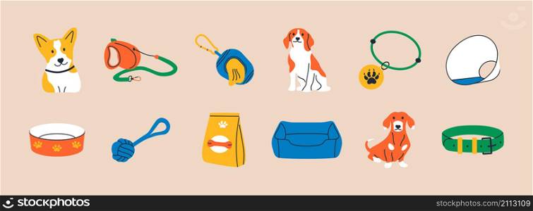 Cartoon dogs and equipment. Cute doodle , dachshund and beagle home pets with supplies, toys, bed, bowl, food and leash. Vector isolated set colorful collection accessories pets. Cartoon dogs and equipment. Cute doodle shiba inu, dachshund and beagle home pets with supplies, toys, bed, bowl, food and leash. Vector set