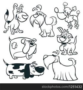 Cartoon dogs outlined. Vector illustrations of funny dogs: retriever, dachshund, terrier, poodle, spaniel, bulldog, basset hound. Coloring book