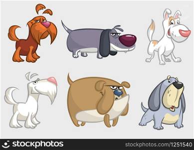Cartoon dogs set. Retriever, dachshund, terrier,pitbull, spaniel, bulldog, basset hound, afghan hound