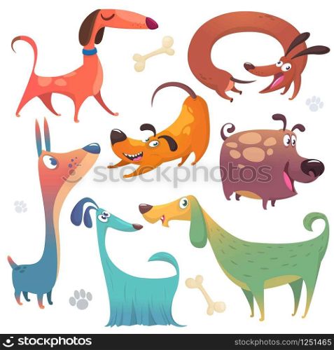 Cartoon dogs set. Vector illustrations of dogs icons. Retriever, dachshund, terrier,pitbull, spaniel, bulldog, basset hound, afghan hound, borzoi