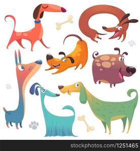 Cartoon dogs set. Vector illustrations of dogs icons. Retriever, dachshund, terrier,pitbull, spaniel, bulldog, basset hound, afghan hound, borzoi