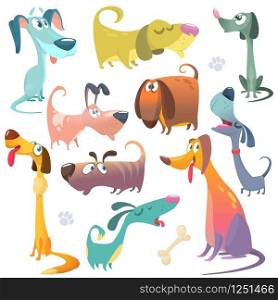 Cartoon dogs set. Vector illustrations of dogs icons. Retriever, dachshund, terrier,pitbull, spaniel, bulldog, basset hound, afghan hound
