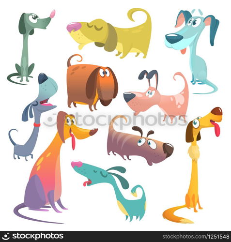 Cartoon dogs set. Vector illustrations of dogs. Retriever, dachshund, terrier, pitbull, spaniel, bulldog, basset hound, afghan hound, borzoi