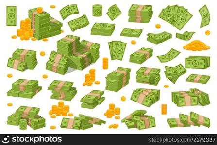 Cartoon dollar cash, money stacks and banknotes. Green dollars bill bundle, piles of cash and gold coins vector illustration set. Golden coins and banknotes icon. Getting income, investing concept. Cartoon dollar cash, money stacks and banknotes. Green dollars bill bundle, piles of cash and gold coins vector illustration set. Golden coins and banknotes icon