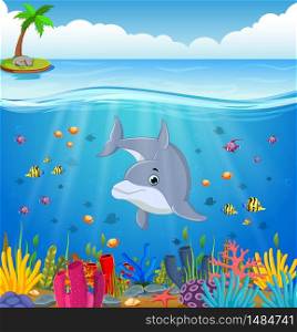 Cartoon dolphin under the sea