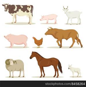 Cartoon domestic animals vector illustrations set. Collection of farm animals, hen, horse, sheep, goat, pig, cow, bull isolated on white background. Domestic animals, pets, farming, concept