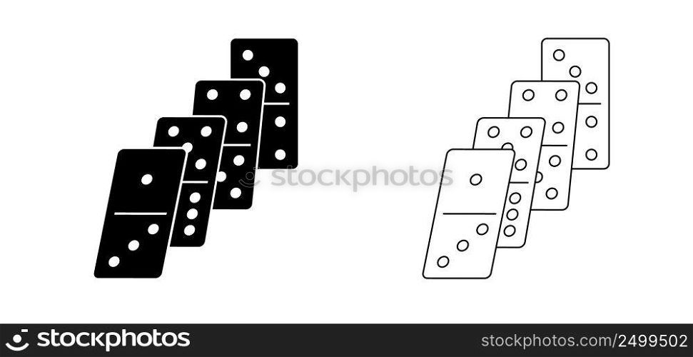 Cartoon domino tiles. Classic dominoes, domino’s pictogram. Playing, parts of game full bones tiles. Black, white domino. Flat vector set. 28 pieces. White chip of domino on board for gambling. 