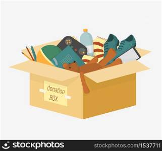 Cartoon donation box with lettering inscription full of things for aid people vector illustration. Colorful charity cardboard for donating help homeless and support needy isolated on white. Cartoon donation box with lettering inscription full of things for aid people vector illustration