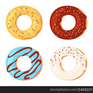 Cartoon donuts with colorful icing. Doughnuts with different taste topping with sprinkles. Glazed sweet dessert for bakery shop or confectionery. Yummy frosted pastry isolated vector set. Cartoon donuts with colorful icing. Doughnuts with different taste topping with sprinkles. Glazed sweet dessert