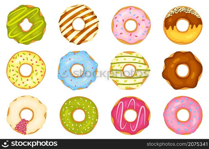 Cartoon donuts with different toppings, delicious sweet desserts. Top view donut with chocolate glaze and sprinkles, doughnut pastry vector set. Bakery elements with icing or frosting. Cartoon donuts with different toppings, delicious sweet desserts. Top view donut with chocolate glaze and sprinkles, doughnut pastry vector set