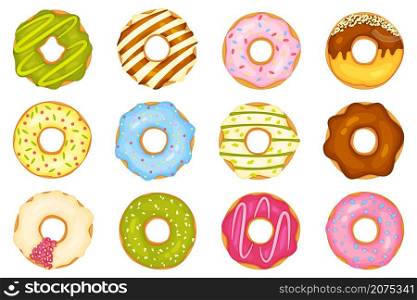 Cartoon donuts with different toppings, delicious sweet desserts. Top view donut with chocolate glaze and sprinkles, doughnut pastry vector set. Bakery elements with icing or frosting. Cartoon donuts with different toppings, delicious sweet desserts. Top view donut with chocolate glaze and sprinkles, doughnut pastry vector set