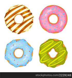 Cartoon donuts with sweet sugar icing. Delicious pastry with different topping. Glazed round doughnuts with sprinkles for confectionery or shops isolated vector set, desserts top view. Cartoon donuts with sweet sugar icing. Delicious pastry with different topping. Glazed round doughnuts with sprinkles