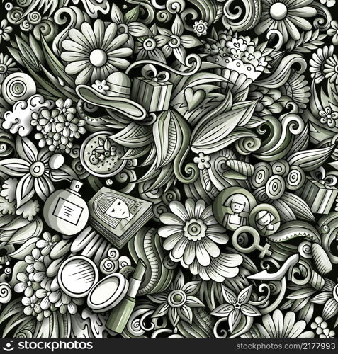 Cartoon doodle 8 March seamless pattern. Backdrop with Happy Womans Day symbols and items. Monochrome background for print on fabric, textile, greeting cards, phone cases, scarves, wrapping paper.. Cartoon doodles 8 March seamless pattern.