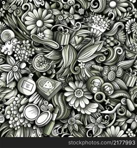 Cartoon doodle 8 March seamless pattern. Backdrop with Happy Womans Day symbols and items. Monochrome background for print on fabric, textile, greeting cards, phone cases, scarves, wrapping paper.. Cartoon doodles 8 March seamless pattern.