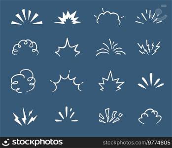 Cartoon doodle bomb explosion, comic clouds and smoke boom bubbles, vector icons. Doodle bomb explosion burst and blast puff effects, dynamite TNT or atomic bomb mushroom explode and crash icons. Cartoon doodle bomb explosion, comic boom clouds