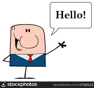 Cartoon Doodle Businessman Waving With Speech Bubble And Text Hello!