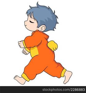 cartoon doodle illustration of people s activities, young boy wearing a costume sleeping walking