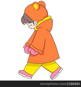 cartoon doodle illustration of people s activities, young girl wearing a costume sleeping walking