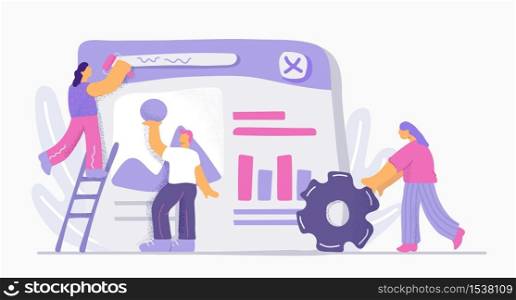 Cartoon doodle people working together site development isolated on white background. Colorful man and woman building app and web design vector flat illustration. Process of teamwork website creating. Cartoon doodle people working together site development isolated on white background