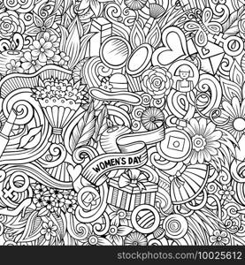 Cartoon doodles 8 March seamless pattern. Backdrop with Happy Womans Day symbols and items. Sketchy detailed background for print on fabric, textile, greeting cards, phone cases, scarves, wrapping paper. All objects separate. Cartoon doodles 8 March seamless pattern.