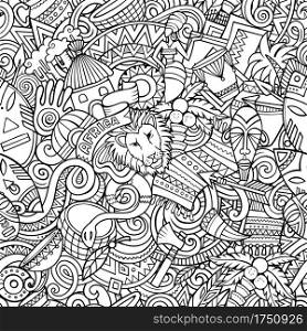 Cartoon doodles Africa seamless pattern. Backdrop with african culture symbols and items. Sketchy detailed, with lots of objects background for print on fabric, textile, greeting cards, phone cases, scarves, wrapping paper. All objects separate.. Cartoon doodles Africa seamless pattern.