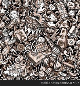 Cartoon doodles Audio content seamless pattern. Backdrop with podcasts and audiobooks symbols and items. Graphics background for print on fabric, textile, phone cases, wrapping paper.. Cartoon doodles Audio content seamless pattern.