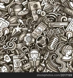 Cartoon doodles Audio content seamless pattern. Backdrop with podcasts and audiobooks symbols and items. Graphics background for print on fabric, textile, phone cases, wrapping paper.. Cartoon doodles Audio content seamless pattern.