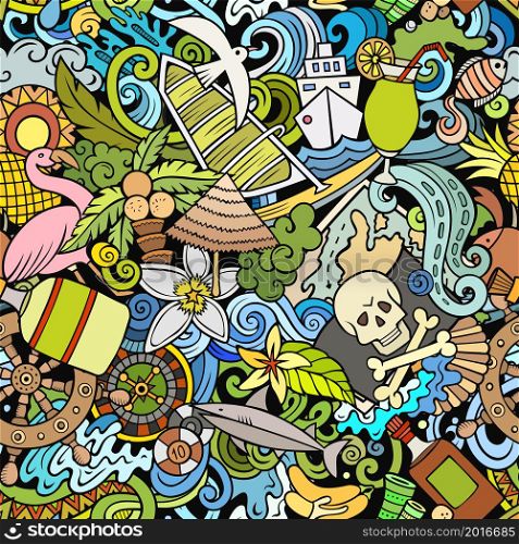 Cartoon doodles Bahamas seamless pattern. Backdrop with Bahamian culture symbols and items. Colorful detailed, with lots of objects background for print on fabric, textile, greeting cards, scarves, wrapping paper. All objects separate.. Cartoon doodles Bahamas seamless pattern.