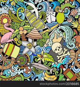 Cartoon doodles Bahamas seamless pattern. Backdrop with Bahamian culture symbols and items. Colorful detailed, with lots of objects background for print on fabric, textile, greeting cards, scarves, wrapping paper. All objects separate.. Cartoon doodles Bahamas seamless pattern.