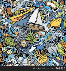 Cartoon doodles Diving seamless pattern. Backdrop with snorkeling symbols and items. Colorful detailed background for print on fabric, textile, phone cases, wrapping paper. All objects separate.. Cartoon doodles Diving seamless pattern.