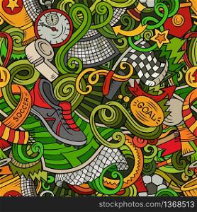Cartoon doodles Football seamless pattern. Background with Soccer subjects and symbols. All objects are separate. Cartoon doodles Football seamless pattern