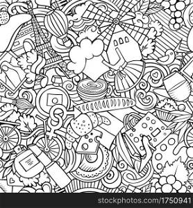 Cartoon doodles France seamless pattern. Backdrop with french culture symbols and items. Sketchy detailed, with lots of objects background for print on fabric, textile, greeting cards, phone cases, scarves, wrapping paper. All objects separate.. Cartoon doodles France seamless pattern.