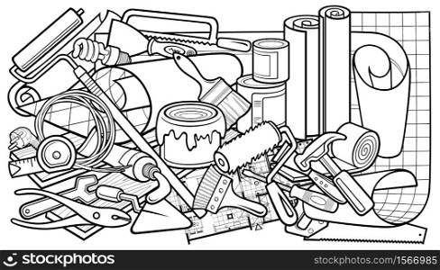 Cartoon doodles funny hand drawn home repair illustration. Many objects vector background.. Cartoon doodle hand drawn home repair illustration