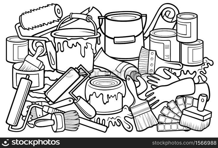 Cartoon doodles funny hand drawn home repair illustration. Many objects vector background.. Cartoon doodle hand drawn home repair illustration