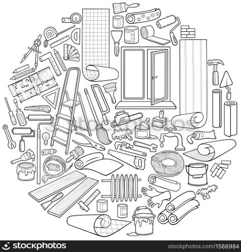 Cartoon doodles funny hand drawn home repair round illustration. Many objects vector background.. Cartoon doodles home repair round illustration