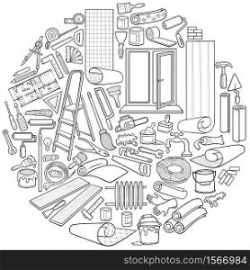 Cartoon doodles funny hand drawn home repair round illustration. Many objects vector background.. Cartoon doodles home repair round illustration