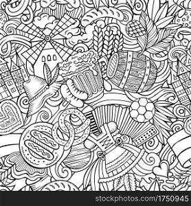 Cartoon doodles Germany seamless pattern. Backdrop with german culture symbols and items. Colorful detailed, with lots of objects background for print on fabric, textile, greeting cards, phone cases, scarves, wrapping paper. All objects separate.. Cartoon doodles Germany seamless pattern.