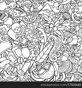 Cartoon doodles Haiti seamless pattern. Backdrop with Haitian culture symbols and items. Sketch detailed background for print on fabric, textile, greeting cards, phone cases, scarves, wrapping paper. All objects separate.. Cartoon doodles Haiti seamless pattern.