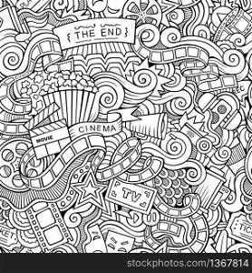 Cartoon doodles hand drawn cinema, movie, film seamless pattern. Vector endless background. Cartoon doodles cinema seamless pattern