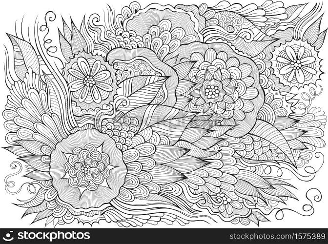 Cartoon doodles hand drawn floral sketch background. Vector illustration. Cartoon vector doodles hand drawn floral sketch background