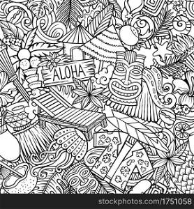 Cartoon doodles Hawaii seamless pattern. Backdrop with Hawaiian culture symbols and items. Sketchy detailed, with lots of objects background for print on fabric, textile, greeting cards, phone cases, scarves, wrapping paper. All objects separate.. Cartoon doodles Hawaii seamless pattern.
