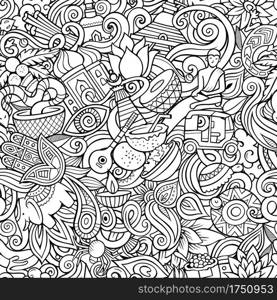 Cartoon doodles India seamless pattern. Backdrop with indian culture symbols and items. Sketchy detailed, with lots of objects background for print on fabric, textile, greeting cards, phone cases, scarves, wrapping paper. All objects separate.. Cartoon doodles India seamless pattern.