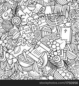 Cartoon doodles Israel seamless pattern. Backdrop with Israeli culture symbols and items. Sketchy detailed background for print on fabric, textile, greeting cards, phone cases, scarves, wrapping paper. All objects separate.. Cartoon doodles Israel seamless pattern.