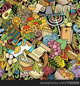 Cartoon doodles Israel seamless pattern. Backdrop with Israeli culture symbols and items. Colorful detailed background for print on fabric, textile, greeting cards, phone cases, scarves, wrapping paper. All objects separate.. Cartoon doodles Israel seamless pattern.