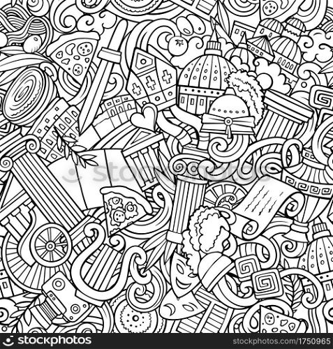 Cartoon doodles Italy seamless pattern. Backdrop with Italian culture symbols and items. Sketchy detailed background for print on fabric, textile, greeting cards, phone cases, scarves, wrapping paper. All objects separate.. Cartoon doodles Italy seamless pattern.