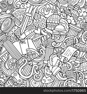 Cartoon doodles Italy seamless pattern. Backdrop with Italian culture symbols and items. Sketchy detailed background for print on fabric, textile, greeting cards, phone cases, scarves, wrapping paper. All objects separate.. Cartoon doodles Italy seamless pattern.